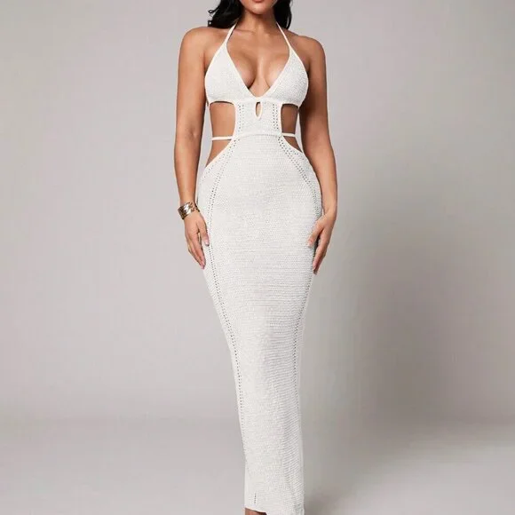 White Boho Crochet Deep V-Neck Hollow Slit Mid-Length Women's Cover Up Dress - Picture 3 of 8